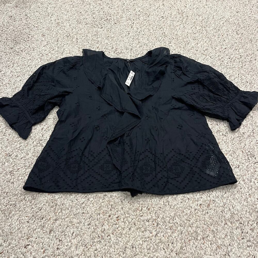 NEW Madewell Ruffled Pintuck Top L Black Preppy Feminine Casual Cotton